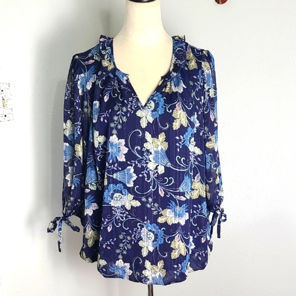 Blousology Navy Blue, Blue & White Floral Top, Elastic Waistband, Size 1X